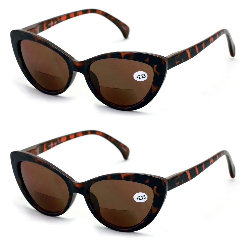 2 Pairs BIFOCAL Women Cateye Black Tortoise Reading Sunglasses - Outdoor Cat Eye Readers (2 Tortoise, 2.25)
