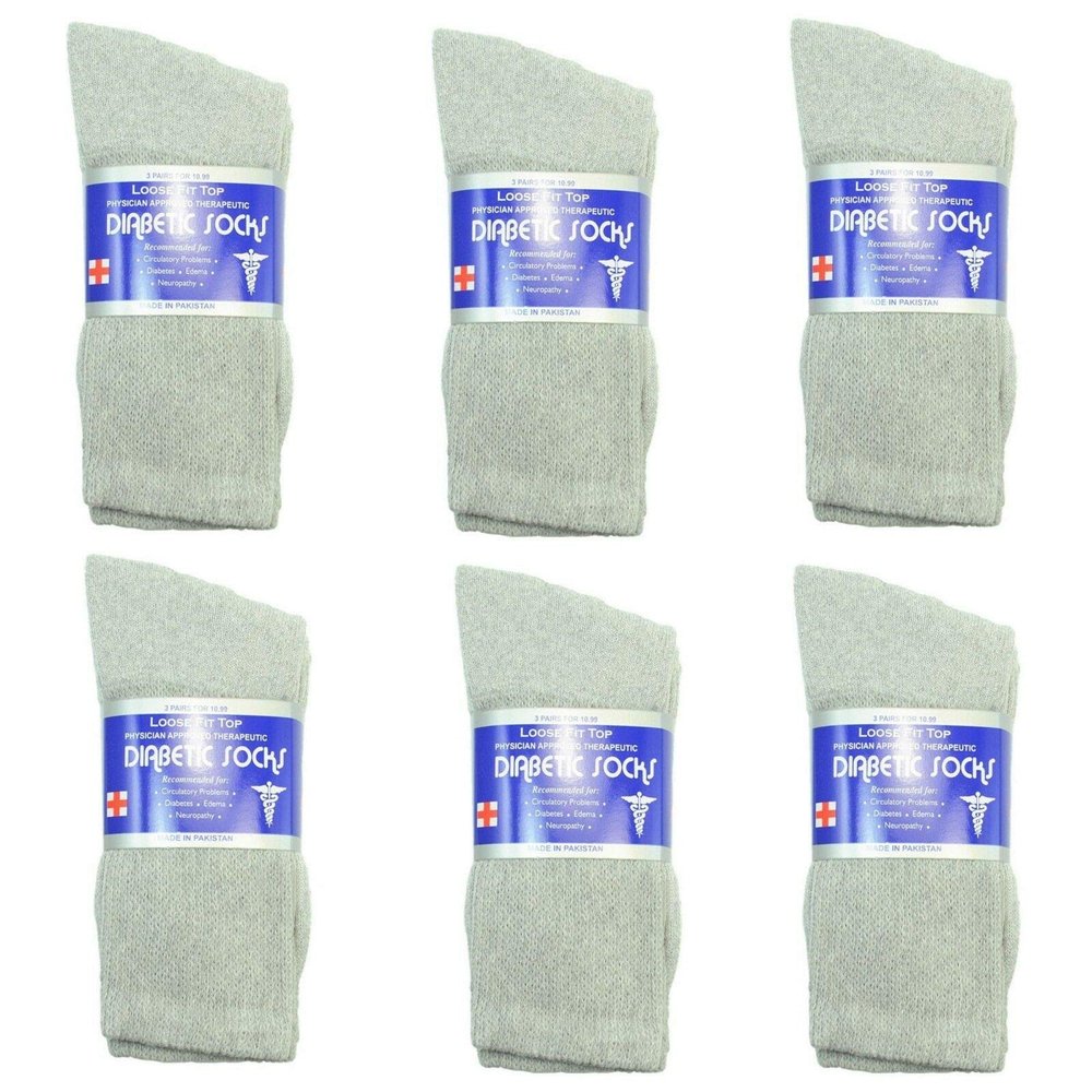 6 Pairs Gray Diabetic Crew Socks Circulatory Health Cotton Loose Fit Top (9-11 (Shoe size 4-10))