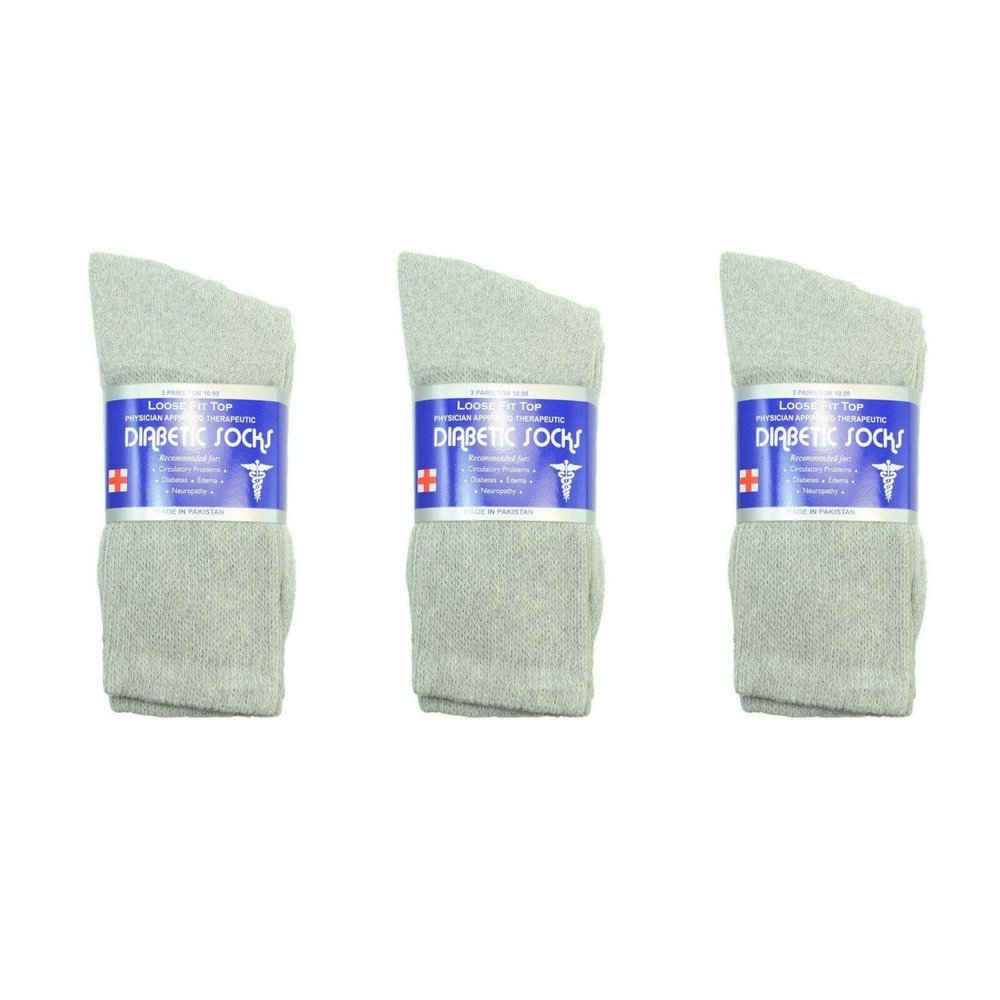 3 Pairs Gray Diabetic Crew Socks Circulatory Health Cotton Loose Fit Top (9-11 (Shoe size 4-10))