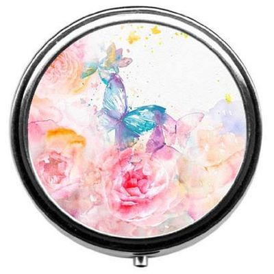 Watercolor Flowers and Butterflies Pill Box/Pill Case-Round Pill Box/Case- Three-Compartment Pill Box/Pill Case