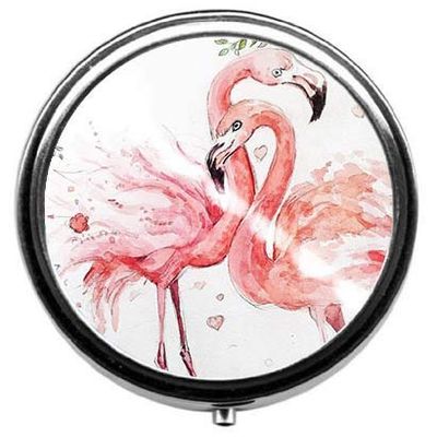 Watercolor Flamingo Love Pill Box/Pill Case-Round Pill Box/Case- Three-Compartment Pill Box/Pill Case