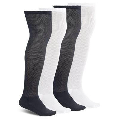 Athlemo Non-Binding Over the Knee Diabetic Socks for Men, 4 Pairs Circulatory Socks with Cushion Sole(Black&White, 9-11)