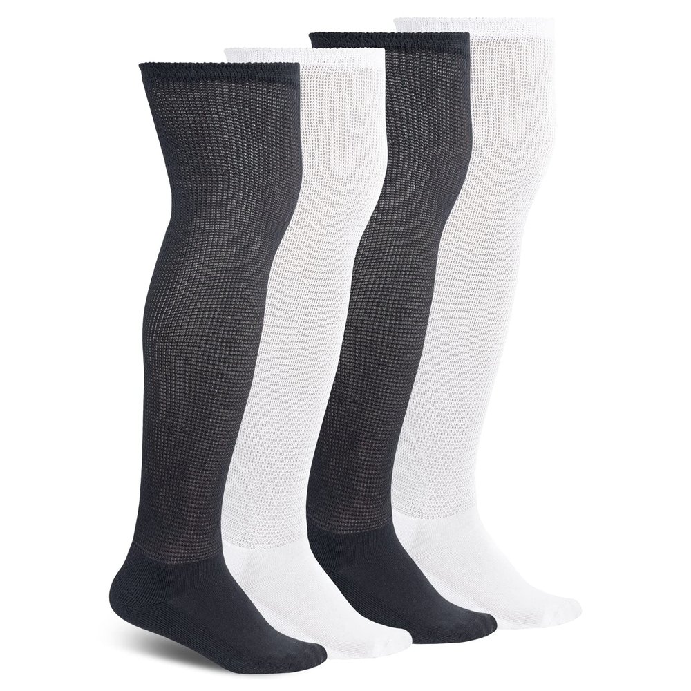 Athlemo Non-Binding Over the Knee Diabetic Socks for Men, 4 Pairs Circulatory Socks with Cushion Sole(Black&White, 9-11)