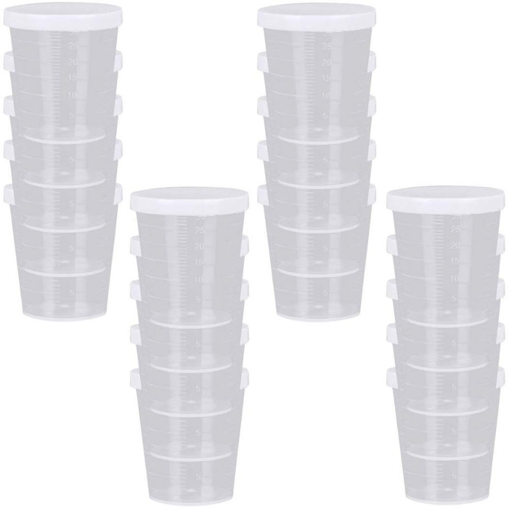 Goeielewe 20PCS Plastic Medicine Cups with Lids, 30ML Clear Reusable Graduated Cups Transparent Scale Measuring Cups, Measure Container for Mixed Pills, Liquid Medication