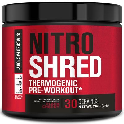 Jacked Factory NITROSURGE Shred Pre Workout Supplement - Energy Booster, Instant Strength Gains, Sharp Focus, Powerful Pumps - Nitric Oxide Booster & PreWorkout Powder - 30Sv, Black Cherry