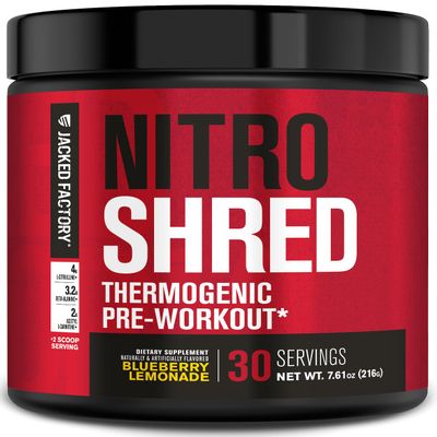 Jacked Factory NITROSURGE Shred Pre Workout Supplement - Energy Booster, Instant Strength Gains, Sharp Focus, Powerful Pumps - Nitric Oxide Booster & PreWorkout Powder - 30Sv, Blueberry Lemonade