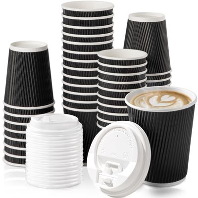 Fit Meal Prep 50 Pack 12 oz Black Disposable Coffee Cups with Lids, Corrugated Triple Wall To Go Hot Cups, Insulated Paper Coffee Cups for Hot Beverages, Travel, Home, Office (White Lids)