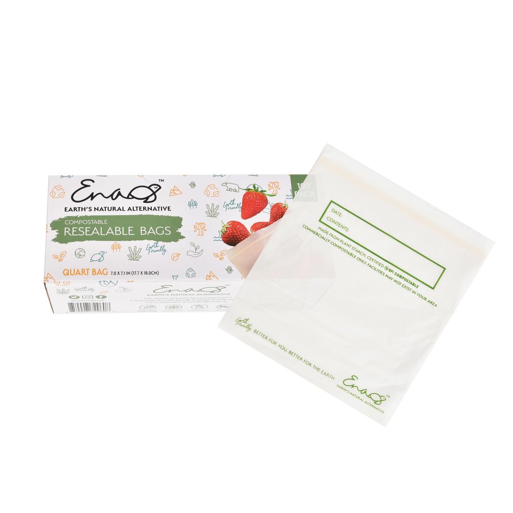 100% Compostable Food Storage Bags [Quart 100 Pack] Eco-Friendly Freezer Bags, Resealable Bags, Heavy-Duty, Reusable, Off-White by Earth's Natural Alternative