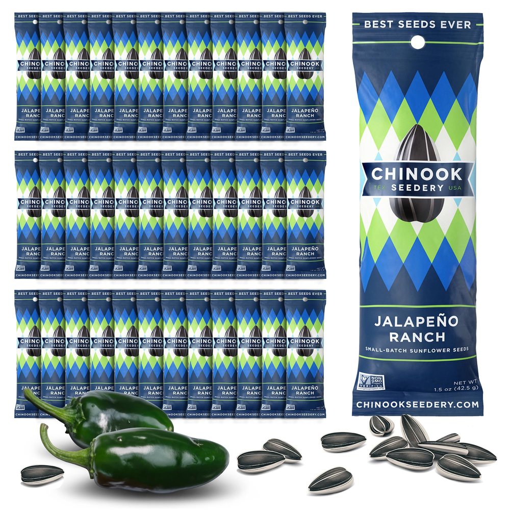 Chinook Seedery Low Sodium Sunflower Seeds  Jalapeno Ranch Flavor, Pack of 36, 1.5oz  Sunflower Seeds to Eat  Keto, Jumbo, Roasted, Baseball Snacks