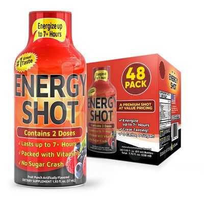 Fruit Punch Extra Strength Energy Shot 48 pk  260mg Natural Caffeine B12 B6  Energy & Focus Support  2 Servings Sugar Free Zero Calorie Green Tea B-Vitamins Electrolytes Vegan  1.93 fl oz