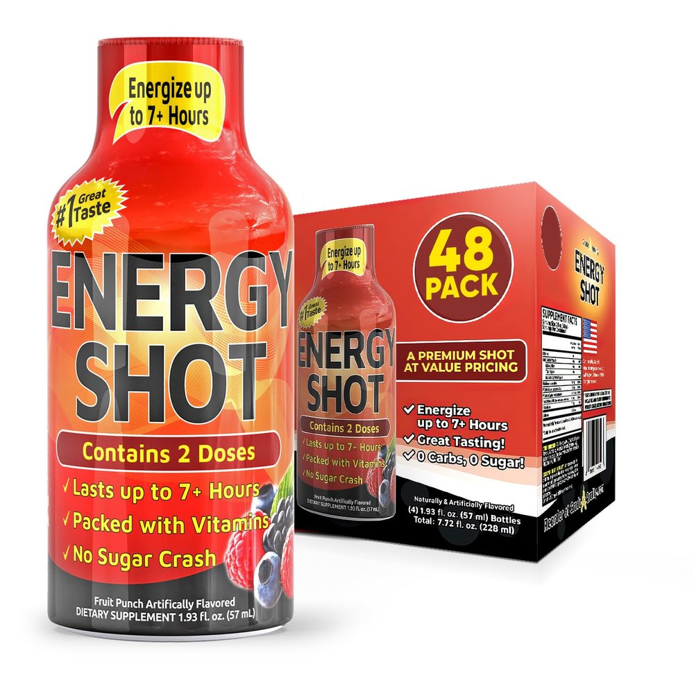 Fruit Punch Extra Strength Energy Shot 48 pk  260mg Natural Caffeine B12 B6  Energy & Focus Support  2 Servings Sugar Free Zero Calorie Green Tea B-Vitamins Electrolytes Vegan  1.93 fl oz