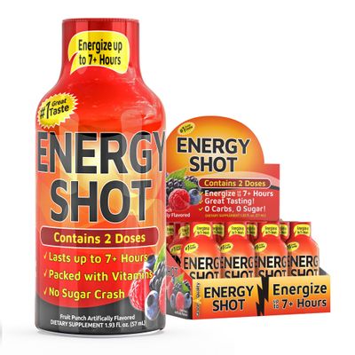 Fruit Punch Extra Strength Energy Shot 12 pk  260mg Natural Caffeine B12 B6  Energy & Focus Support  2 Servings Sugar Free Zero Calorie Green Tea B-Vitamins Electrolytes Vegan  1.93 fl oz