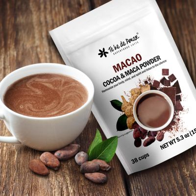 MACAO COCOA & MACA/TE HE DE AMAR. NET WT 5.3 oz (150g) - 38 cups. Cocoa, Maca, Cinnamon, Vanilla. 100% natural, pure, powdered, does not contain dairy bases, does not contain sugar.