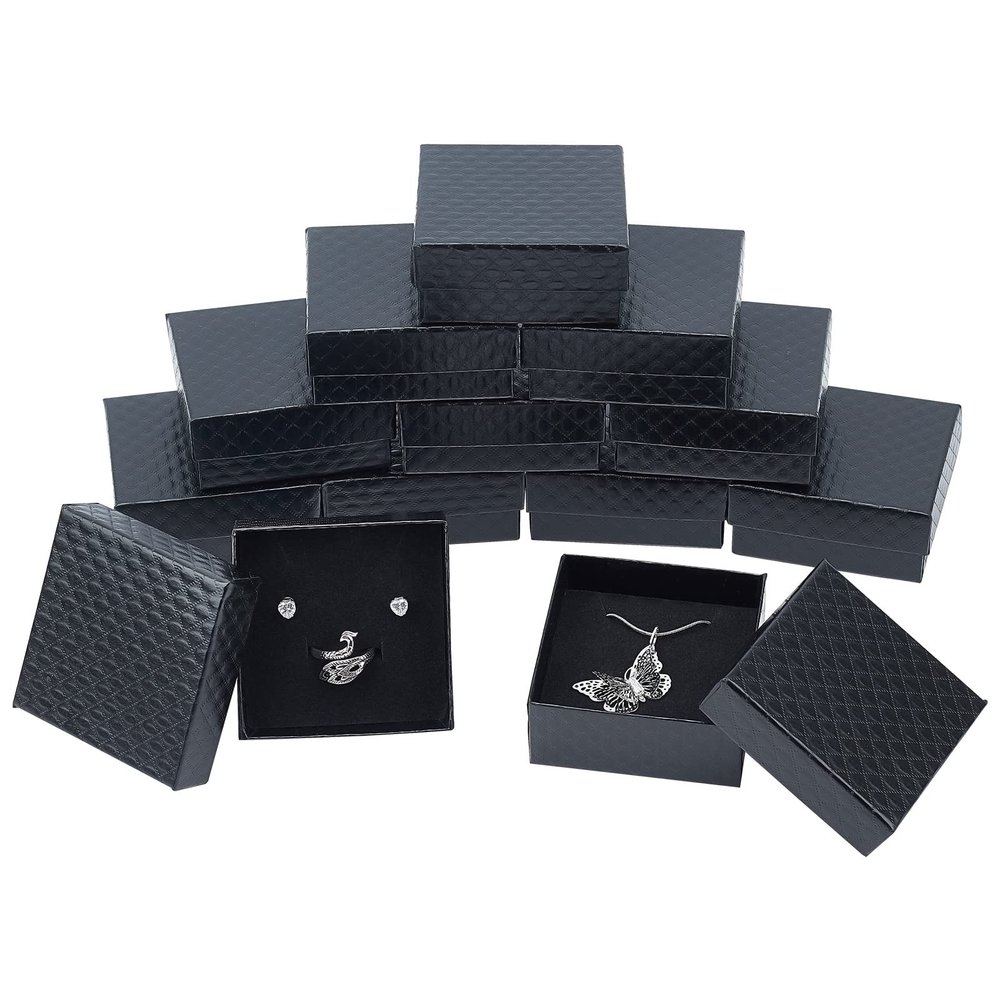 NBEADS 12 Pcs Cardboard Jewelry Box Square Paper Gift Case for Pendants Necklaces Bracelet Gift Packaging Shipping with Sponge Fill, Black