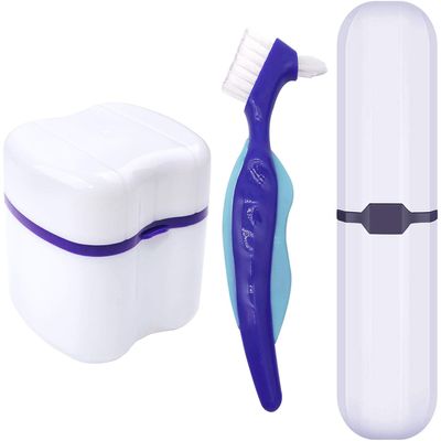 Denture Case,Denture Cups Bath, Toothbrush with hard denture, Dentures Container with Basket Denture Holder for Travel,Mouth Guard Night Gum Retainer Container (Purple)