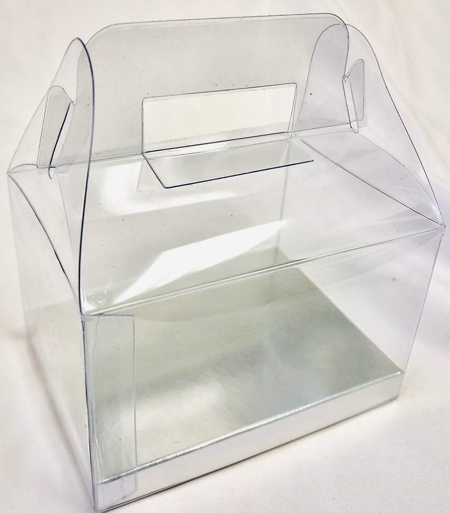 Durapak Supplies 192 PCS 4(W) x3(D) x2.5(H) Gable Handle w/Silver Card Bottom, Clear Plastic PVC Boxes for Party Favor Wedding Favor, retail products packaging and display