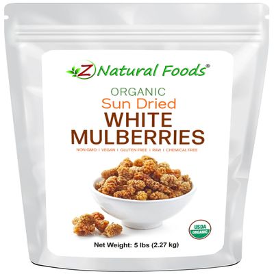 Organic White Mulberries - Sun Dried 100% Pure - No Sugar Added - Exotic All Natural Raisin Alternative - Superfood Fruit Snack for Trail Mix, Smoothies, Yogurt, Cooking Baking - Bulk 5 lb Size