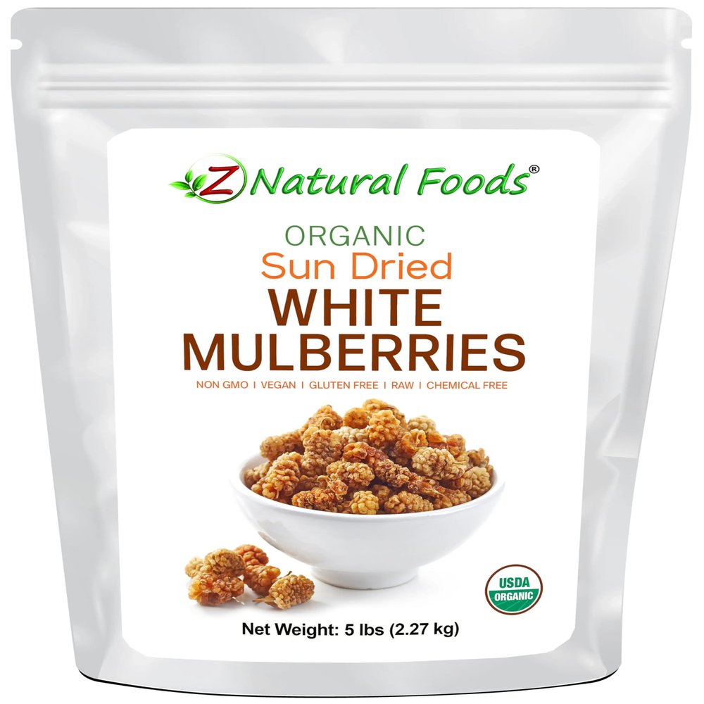 Organic White Mulberries - Sun Dried 100% Pure - No Sugar Added - Exotic All Natural Raisin Alternative - Superfood Fruit Snack for Trail Mix, Smoothies, Yogurt, Cooking Baking - Bulk 5 lb Size