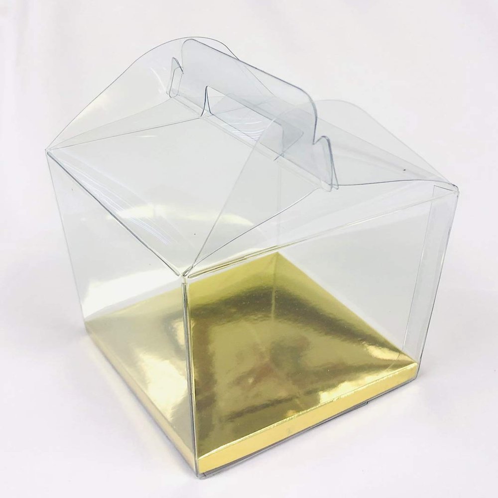 Durapak Supplies 144 PCS 4(W) x4(D) x4.5(H) Gable Handle w/Golden Card Bottom, Clear Plastic PVC Boxes for Party Favor Wedding Favor, retail products packaging and display