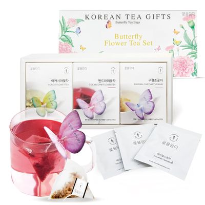 KKOKDAM Korean Tea Gift Set Sampler  3 Flavor Pink Butterfly Tea Bag Sampler  Elegant Box for Tea Lovers - Perfect as Korean Gifts for Women