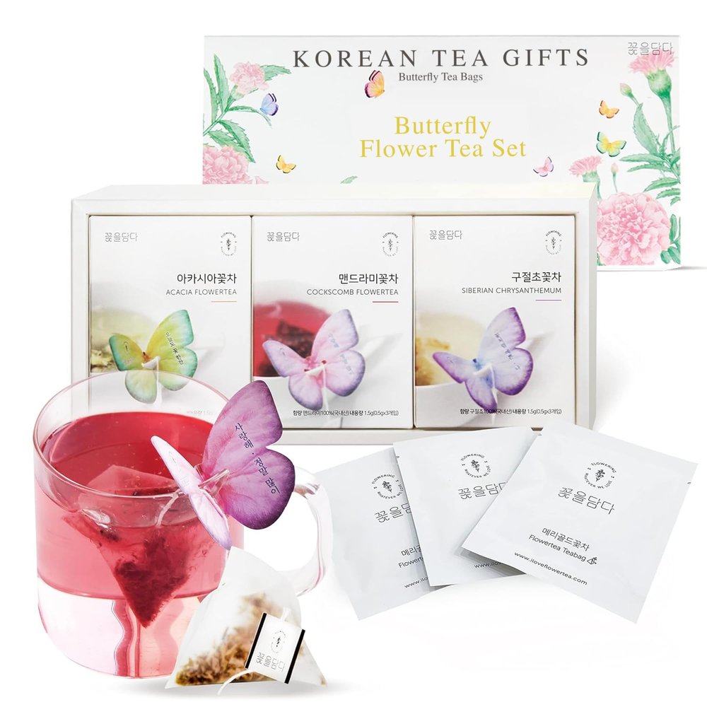 KKOKDAM Korean Tea Gift Set Sampler 3 Flavor Pink Butterfly Tea Bag Sampler Elegant Box for Tea Lovers - Perfect as Korean Gifts for Women