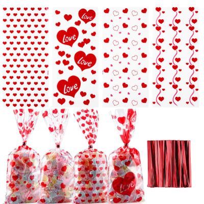 Yoption 160PCS Valentines Heart Clear Cellophane Treat Bags with Twist Ties, Wedding Party Favor Bags for Candies Cookie Chocolate Snack