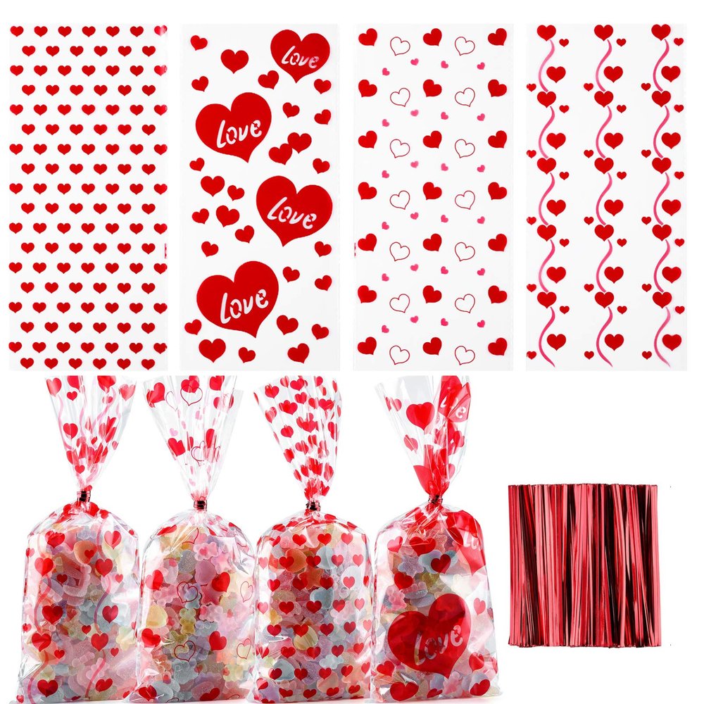 Yoption 160PCS Valentines Heart Clear Cellophane Treat Bags with Twist Ties, Wedding Party Favor Bags for Candies Cookie Chocolate Snack