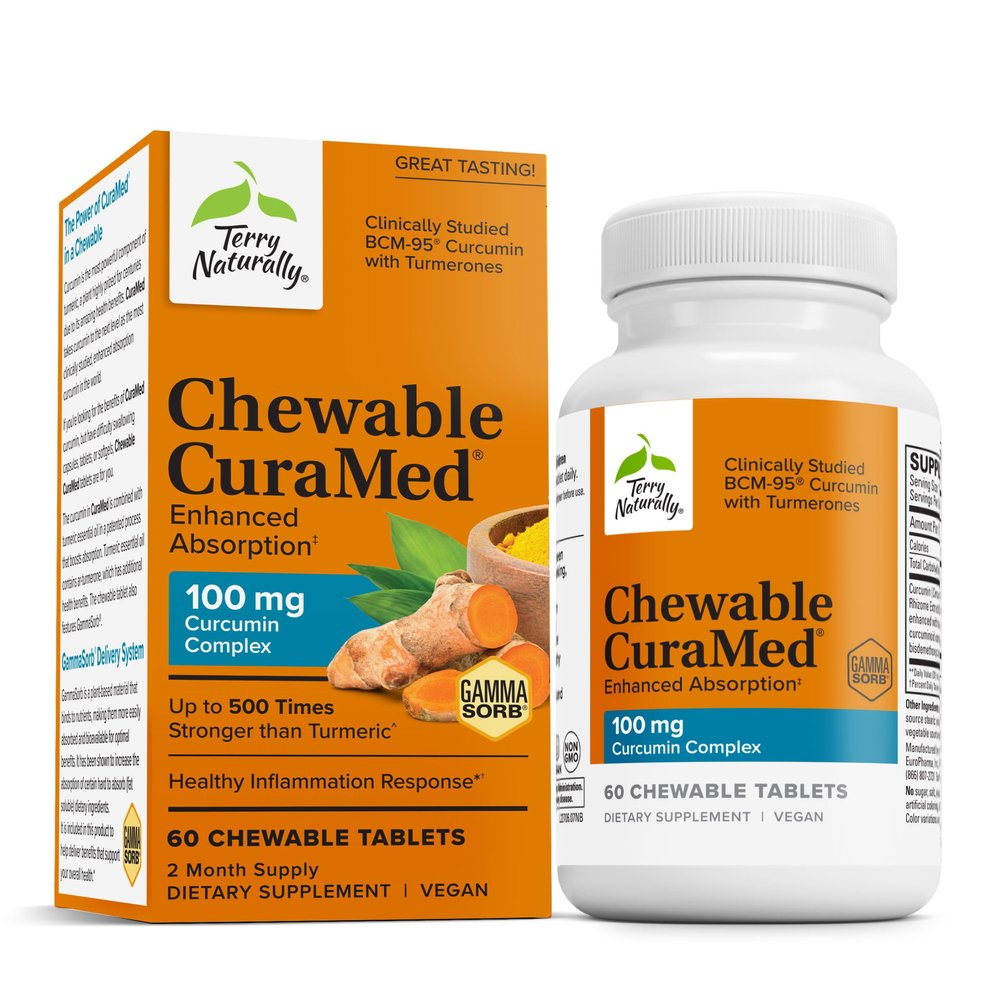 Terry Naturally CuraMed 100 mg Curcumin Complex - Enhanced Absorption Curcumin Supplement with Turmeric - Brain & Liver Health Support Supplement - Vegan Dietary Supplement - 60 Chewable Tablets