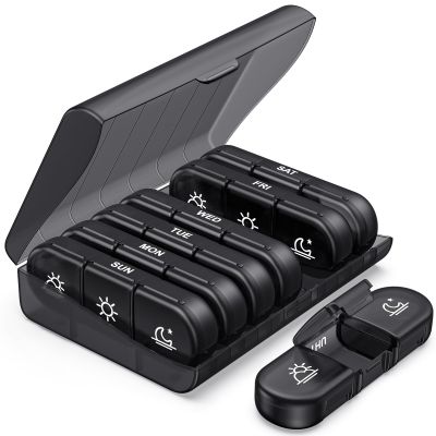 PULIV Weekly Pill Organizer 3 Times a Day, Portable Travel Pill Box 7 Day with Large Pill Containers, Light-Proof Pill Case for Vitamins, Medication, Supplements and Fish Oils (Black)