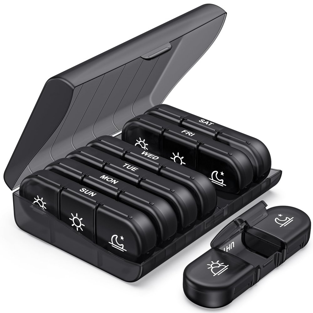 PULIV Weekly Pill Organizer 3 Times a Day, Portable Travel Pill Box 7 Day with Large Pill Containers, Light-Proof Pill Case for Vitamins, Medication, Supplements and Fish Oils (Black)
