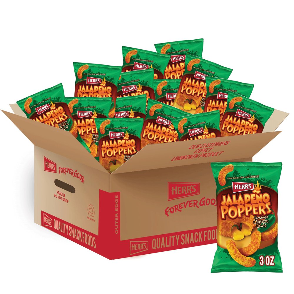 Herr's Jalapeo Poppers Flavored Cheese Curls - Made with Cheddar Cheese - 3 Ounce (Pack of 20) Great for Bold Flavor Fans
