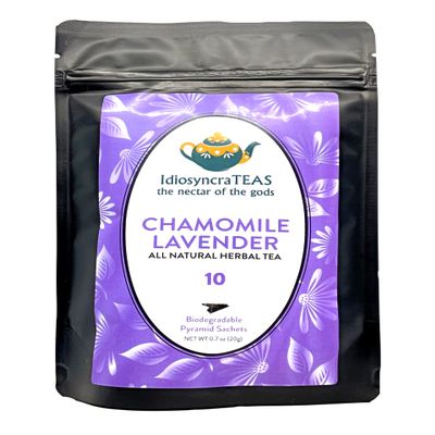 Chamomile Lavender IdiosyncraTEAS Herbal Tea. 10 BIODEGRADABLE Pyramid Sachets. IdiosyncraTEAS offers a RESEALABLE convenient pouch.