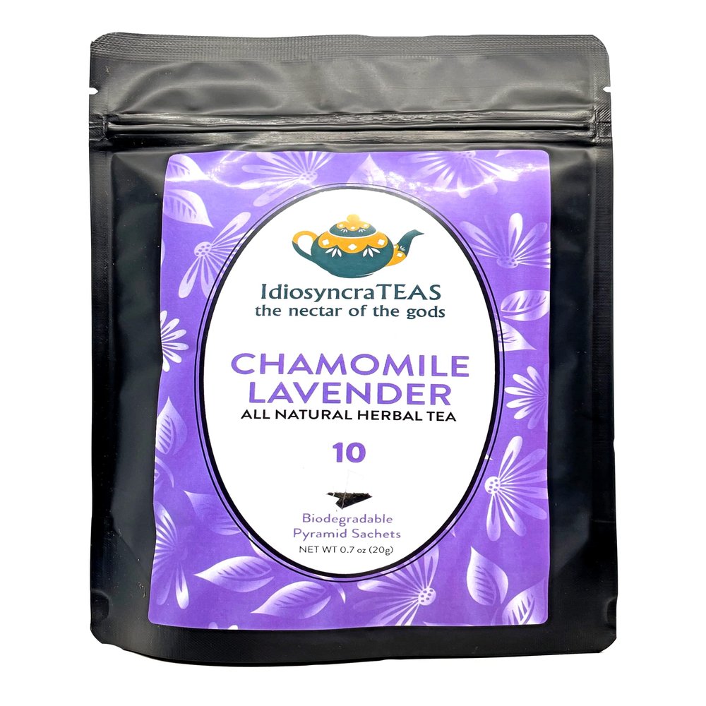 Chamomile Lavender IdiosyncraTEAS Herbal Tea. 10 BIODEGRADABLE Pyramid Sachets. IdiosyncraTEAS offers a RESEALABLE convenient pouch.