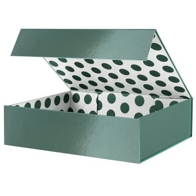 GREEN BEAN Gift Box 13x9.7x3.4 Inches, Large Green Gift Box with Lid for Presents, Magnetic Gift Boxes for Clothes, Shirt (Glossy Metallic Green, Dot Design Inside)