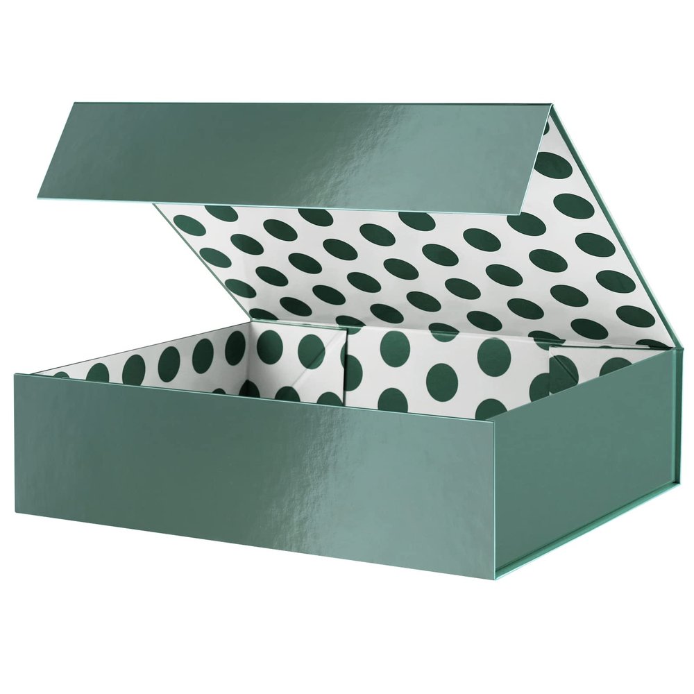 GREEN BEAN Gift Box 13x9.7x3.4 Inches, Large Green Gift Box with Lid for Presents, Magnetic Gift Boxes for Clothes, Shirt (Glossy Metallic Green, Dot Design Inside)