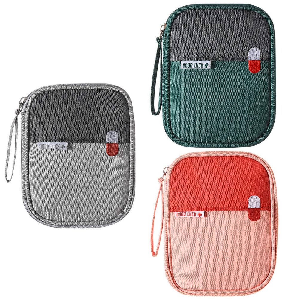 First Aid Kit Bag Empty Travel Medication Pouch Mini Zippered Oxford Medical Survival Kit Carrier Handy Medicine Pills Drugs Package Organizer with 3 Pocket+1 Main Holder-5.5x4.3x0.8Inch (3Pack-S)