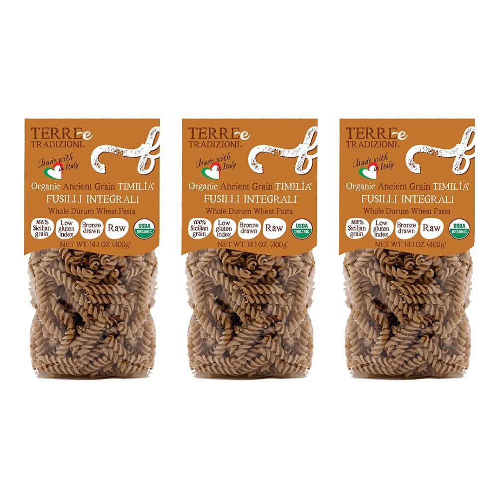 3 PACKS ORGANIC ITALIAN WHOLE DURUM WHEAT FUSILLI PASTA Sicilian Ancient Grain Timilia Vegan Pasta Crafted in Italy. LOW-GLUTEN INDEX. Has 6X More Fiber and Protein than Popular Grains. Al dente texture. Farm Fresh Pasta from Sicily, Italy