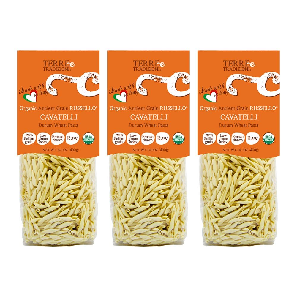 3 PACKS ORGANIC ITALIAN DURUM WHEAT CAVATELLI PASTA Sicilian Ancient Grain Russello Vegan Crafted in Italy. LOW-GLUTEN INDEX. Has 6X More Fiber and Protein than Popular Grains