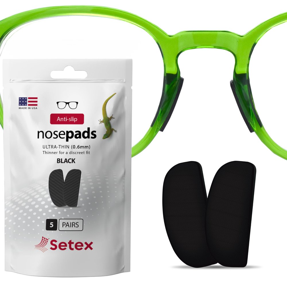 Setex Gecko Grip Ultra-Thin 0.6mm Anti Slip Eyeglass Nose Pads, (5 Black Pair) USA Made, 2500 Innovative Microstructured Fibers per Nose Pad, 0.6mm x 7mm x 16mm
