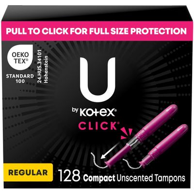 U by Kotex Click Compact Tampons, Regular Absorbency, Unscented, 128 Count (8 Packs of 16) (Packaging May Vary)