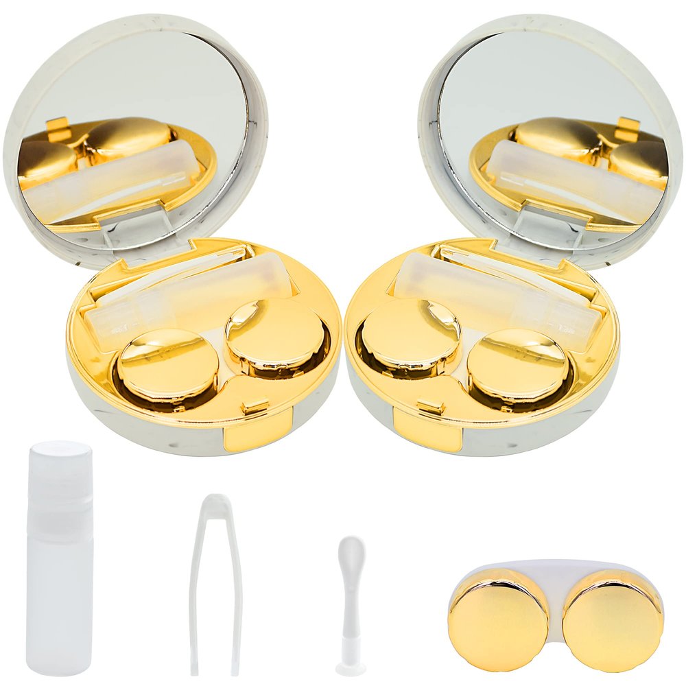 FEILIBAY 2 Pack Marble Contact Lens Case All-in-One Travel Contact container Soak Storage Kit(Gold)