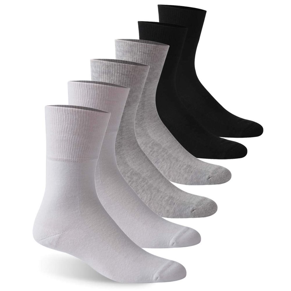 Facool Diabetic Dress Crew Socks for Men Women, Non-Binding Loose Top Seamless Toe Cotton Diabete Socks White/Grey/Black 6 Pairs X-Large