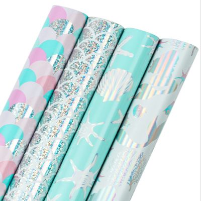 WRAPAHOLIC 30 Inch Mermaid Wrapping Paper - Jumbo Roll Colorful Foil Girls Wrapping Paper for Kids Girls Birthday, Baby Shower - 4 Rolls - 30 Inch X 120 Inch Per Roll
