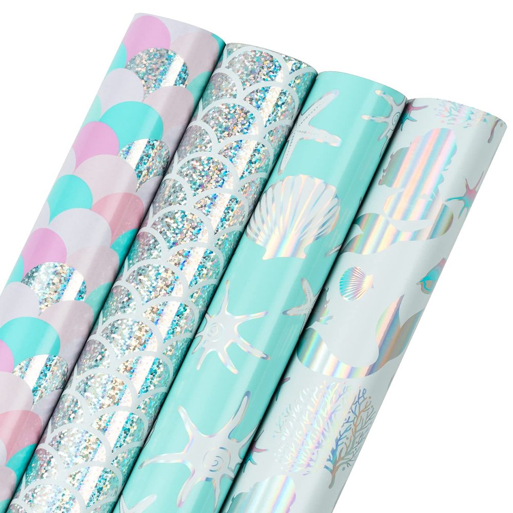 WRAPAHOLIC 30 Inch Mermaid Wrapping Paper - Jumbo Roll Colorful Foil Girls Wrapping Paper for Kids Girls Birthday, Baby Shower - 4 Rolls - 30 Inch X 120 Inch Per Roll