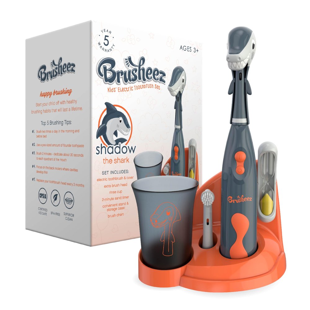 Brusheez Kids Electric Toothbrush Set - Safe & Effective for Ages 3+ - Parent Tested & Approved with Gentle Bristles, 2 Brush Heads, Rinse Cup, 2-Minute Timer, & Storage Base (Shadow The Shark)