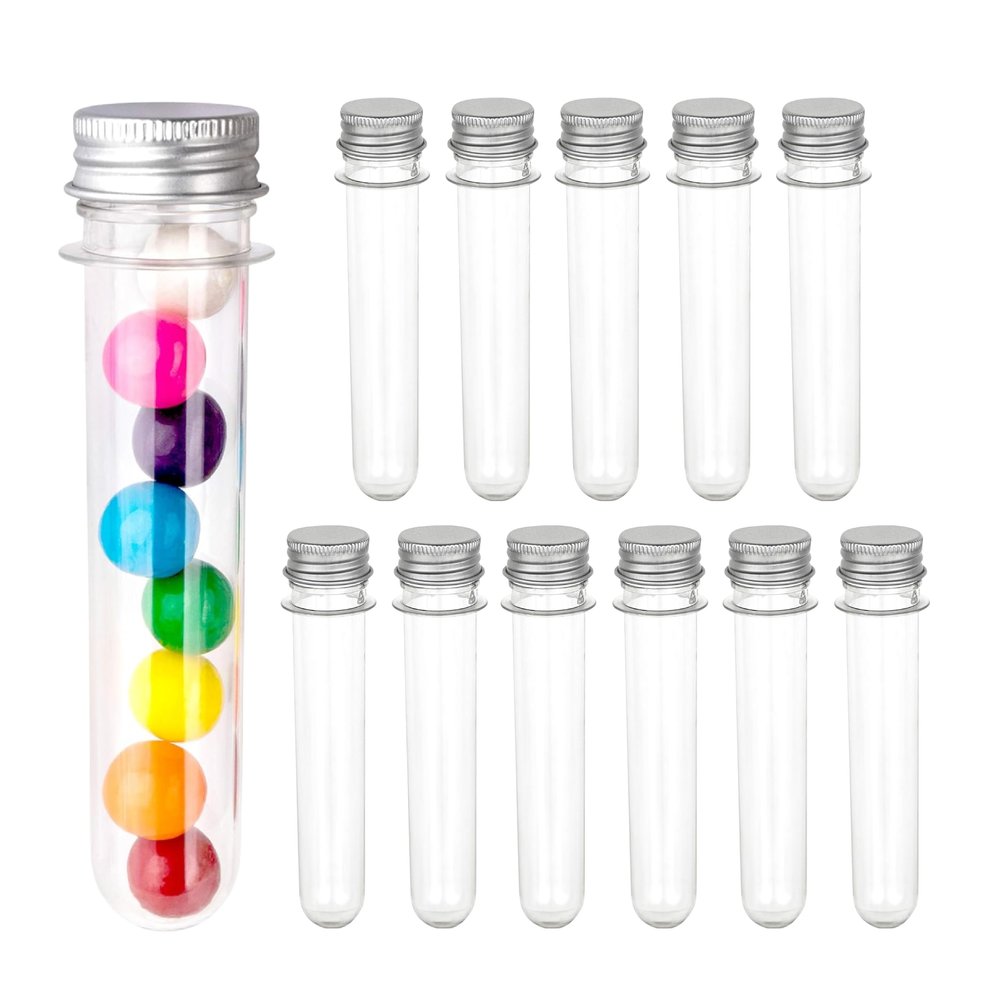 Hammont Tube Shaped Acrylic Candy Boxes with Aluminum Cover - 12 Pack - 1.18"x5.03" - Perfect for Weddings, Birthdays, Party Favors and Gifts | Designer Cute Clear Lucite Plastic Treat Containers
