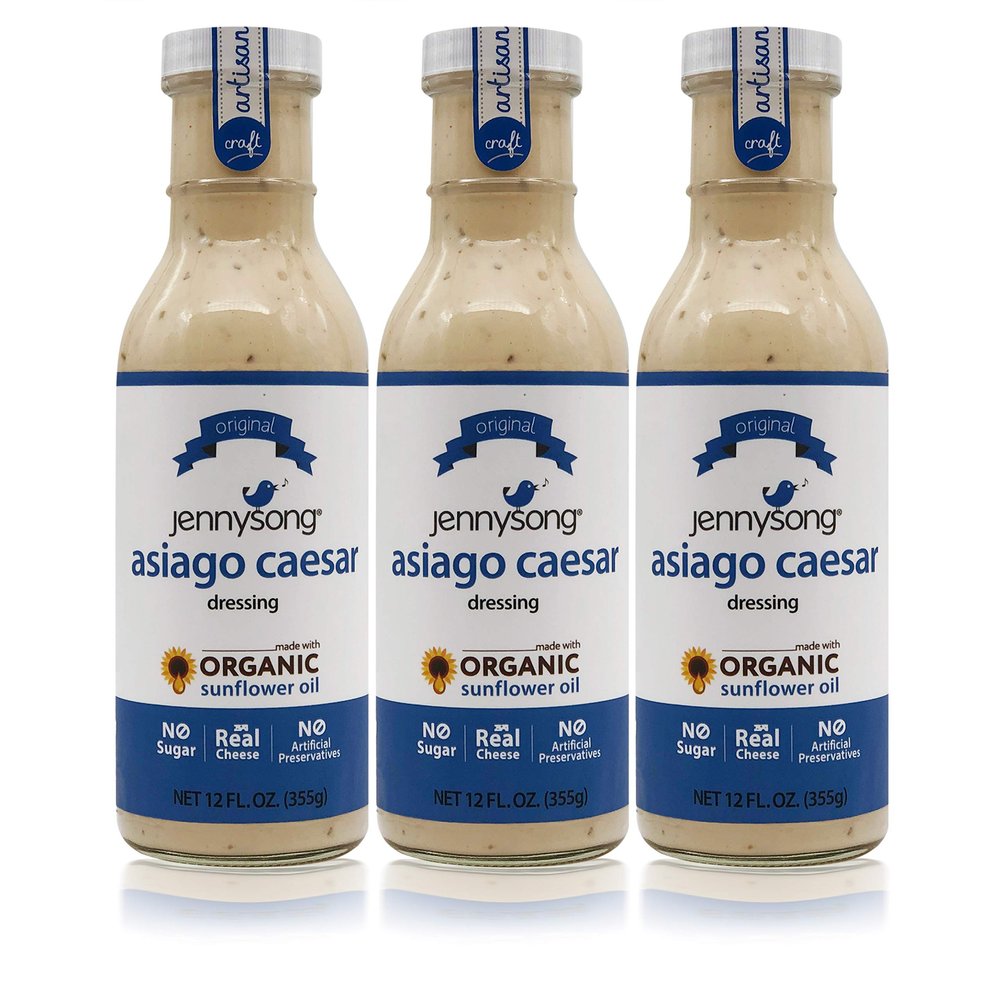 Jennysong Original Asiago Caesar Dressing I Pack of 3 I Made with Organic Sunflower Oil. Creamy with Real Cheese, No Sugar added, and No Trans Fats or Cholesterol. - 12 fl. oz. bottle each