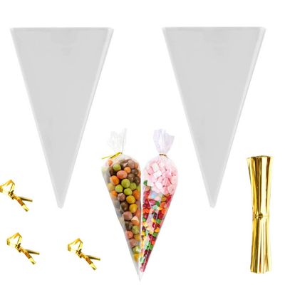 FUNNYARD Mini Cone Bag 200Pcs Clear Treat Popcorn Bags 5.1 by 9.8 Inch Triangle Cellophane Bags with Twist Ties for Handmade Cookies Wedding