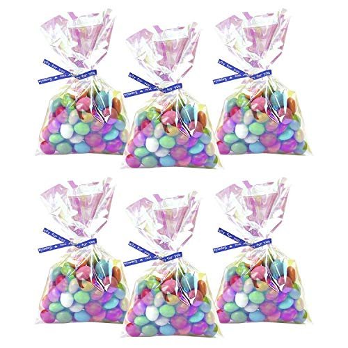 Morepack Valentines Iridescent Holographic Cellophane Treat Bags,4x6 Inch Party Favor Cookie Bags with 5 Colors Twist Ties for Weddings Birthday Party,100 Pcs