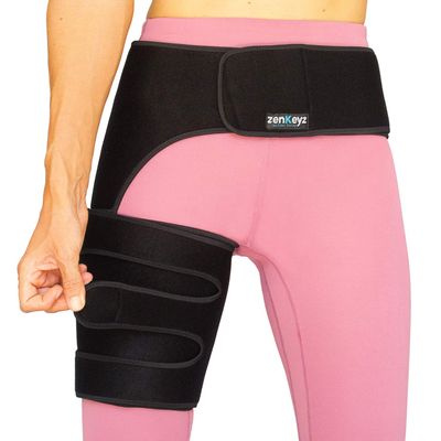 ZENKEYZ Hip Brace for Men and Women - Copper-Infused Neoprene Support - Adjustable Three-Strap Stability Wrap for Physical Recovery - Sacroiliac and Thigh Compression Sleeve - Right Leg, One Size